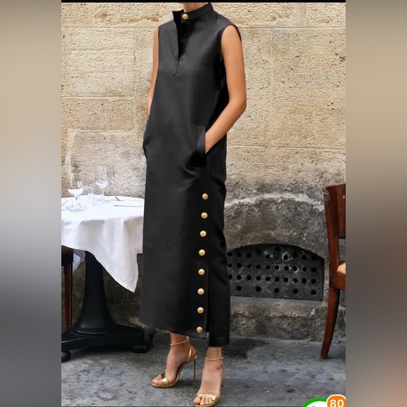 Elegant Black Sleeveless Dress with Gold Button Accents - Picture 4 of 5